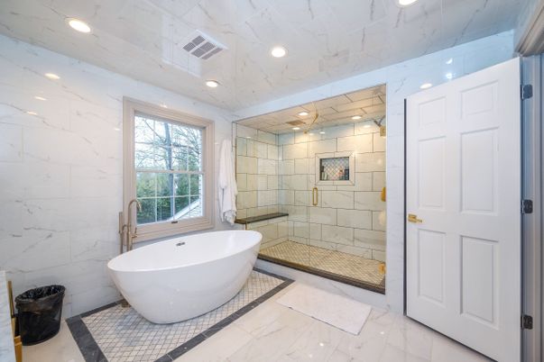 Bathroom, Free Standing Baths, Glass Shower, Interior, Marble, Marble Walls, Recessed Lighting
