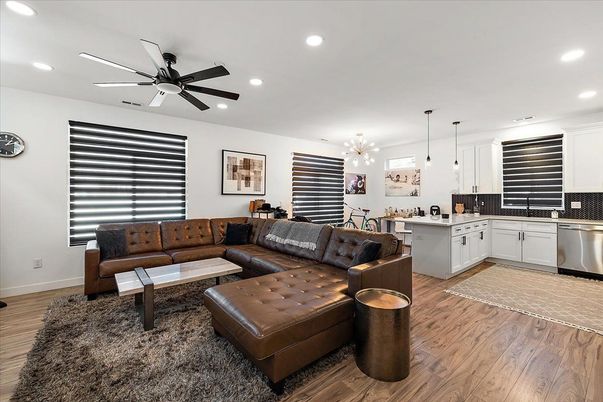 Interior, Kitchen, Living room, Pendant Lights, Recessed Lighting, Wood Texture Flooring