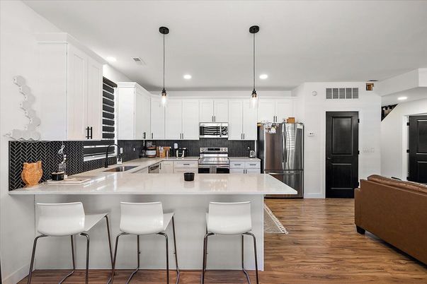 Interior, Kitchen, Pendant Lights, Recessed Lighting, Stainless Steel Appliances, Wood Texture Flooring