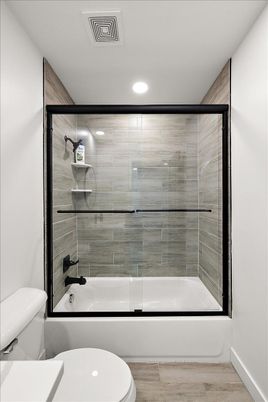 Bathroom, Glass Shower, Interior, Recessed Lighting, Wood Texture Flooring