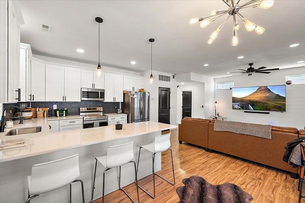 Interior, Kitchen, Living room, Pendant Lights, Recessed Lighting, Stainless Steel Appliances, Wood Texture Flooring