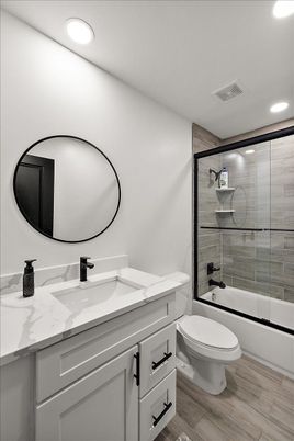 Bathroom, Glass Shower, Interior, Recessed Lighting, Wood Texture Flooring