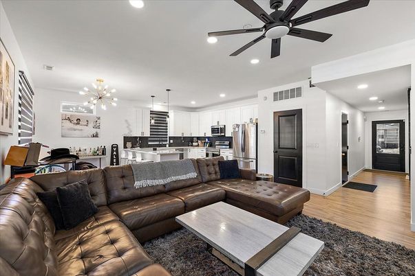 Interior, Kitchen, Living room, Pendant Lights, Recessed Lighting, Stainless Steel Appliances, Wood Texture Flooring