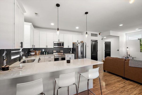 Interior, Kitchen, Pendant Lights, Recessed Lighting, Stainless Steel Appliances, Wood Texture Flooring