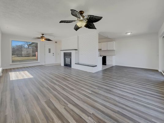 Empty room, Fireplace, Interior, Kitchen, Wood Texture Flooring