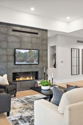 Fireplace, Interior, Living room, Recessed Lighting, Wood Texture Flooring