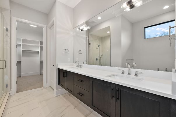 Bathroom, Dual Sink Vanities, Glass Shower, Interior, Marble, Recessed Lighting, Walk-in Closets