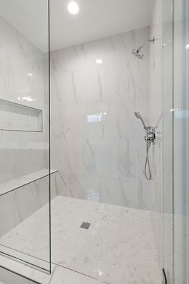 Bathroom, Glass Shower, Interior, Marble Walls, Recessed Lighting