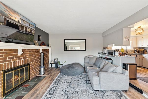 Fireplace, Interior, Kitchen, Living room, Wood Texture Flooring