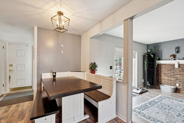 Dining room, Interior, Stone Walls, Wood Texture Flooring