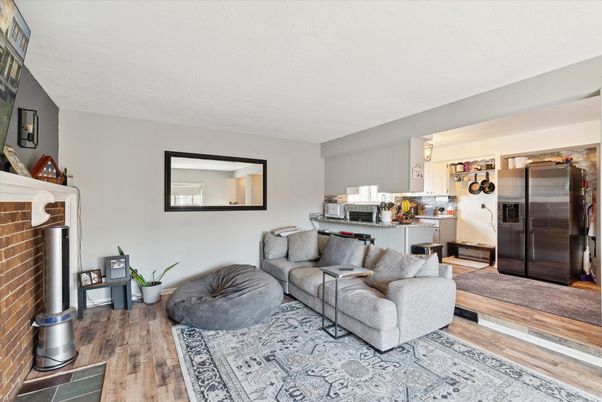 Interior, Kitchen, Living room, Stainless Steel Appliances, Stone Walls, Wood Texture Flooring