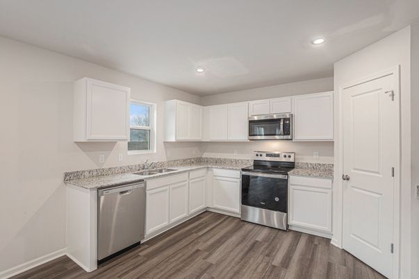 Interior, Kitchen, Recessed Lighting, Stainless Steel Appliances, Wood Texture Flooring