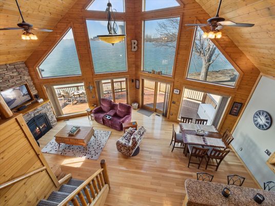 Dining room, Fireplace, Interior, Living room, Pendant Lights, Stone Walls, Wooden Ceilings, Wood Texture Flooring, Wooden Walls