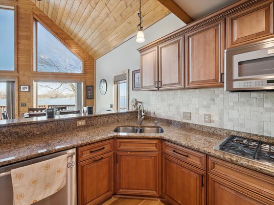 Interior, Kitchen, Pendant Lights, Stainless Steel Appliances, Wood Texture Flooring