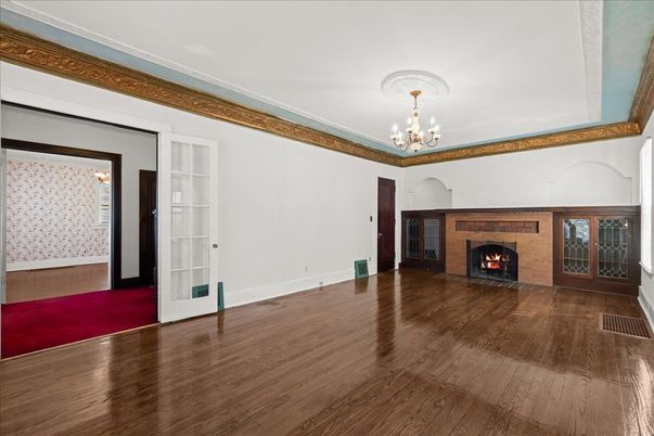 Chandelier, Empty room, Fireplace, Interior, Wood Texture Flooring