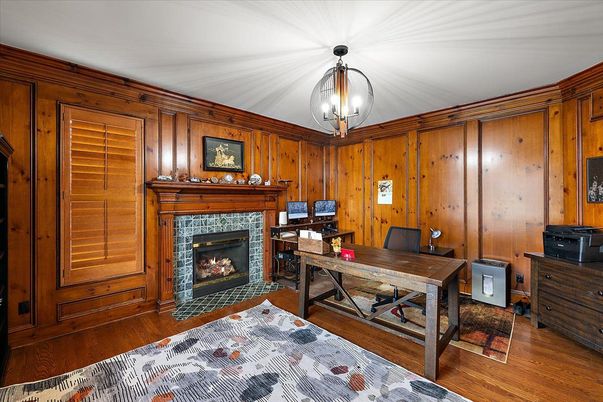 Fireplace, Home Office, Interior, Pendant Lights, Wood Texture Flooring, Wooden Walls