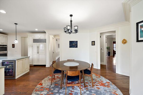 Dining room, Interior, Kitchen, Pendant Lights, Recessed Lighting, Wood Texture Flooring