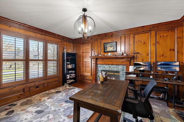Fireplace, Home Office, Interior, Pendant Lights, Wooden Walls