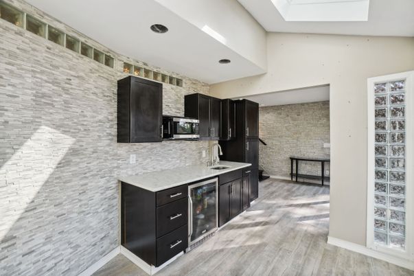 Interior, Kitchen, Recessed Lighting, Stone Walls, Wood Texture Flooring