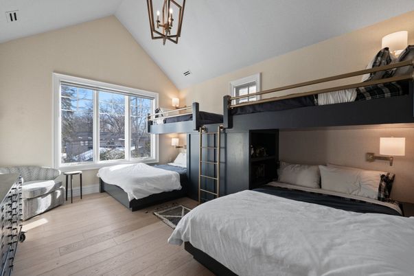 Bedroom, Interior, Pendant Lights, Wood Texture Flooring