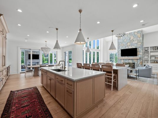 Dining room, Fireplace, Interior, Kitchen, Living room, Pendant Lights, Recessed Lighting, Stone Walls, Wood Texture Flooring