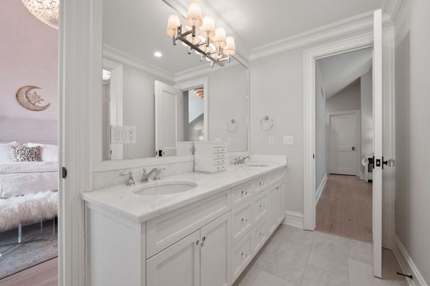 Bathroom, Dual Sink Vanities, Interior, Recessed Lighting, Wood Texture Flooring