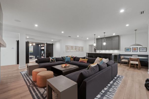 Dining room, Interior, Living room, Pendant Lights, Recessed Lighting, Wood Texture Flooring