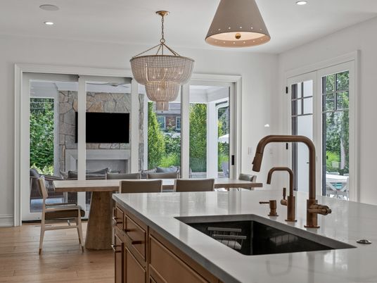Chandelier, Dining room, Fireplace, Interior, Kitchen, Recessed Lighting, Wood Texture Flooring