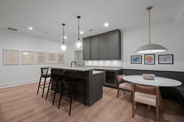 Dining room, Interior, Pendant Lights, Recessed Lighting, Wood Texture Flooring