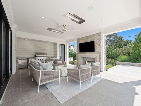 Fireplace, Interior, Living room, Recessed Lighting, Stone Walls