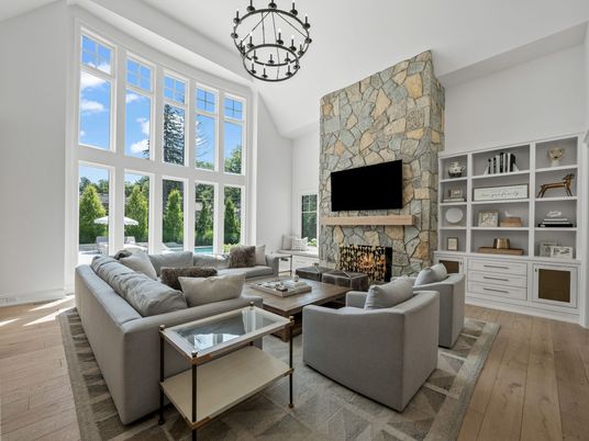 Fireplace, Interior, Living room, Pendant Lights, Stone Walls, Wood Texture Flooring