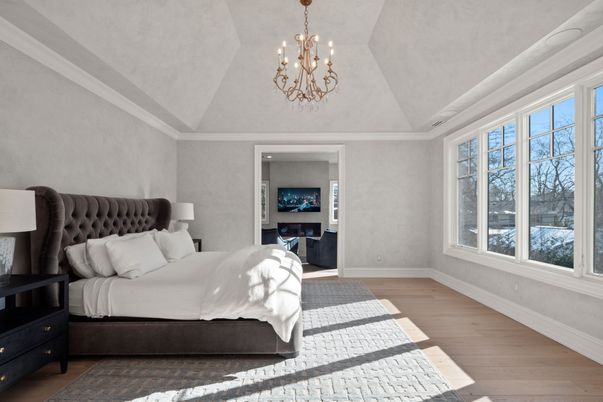 Bedroom, Chandelier, Interior, Recessed Lighting, Wood Texture Flooring