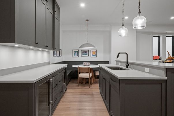 Dining room, Interior, Kitchen, Pendant Lights, Recessed Lighting, Wood Texture Flooring