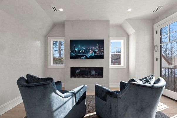 Fireplace, Interior, Living room, Recessed Lighting, Wood Texture Flooring