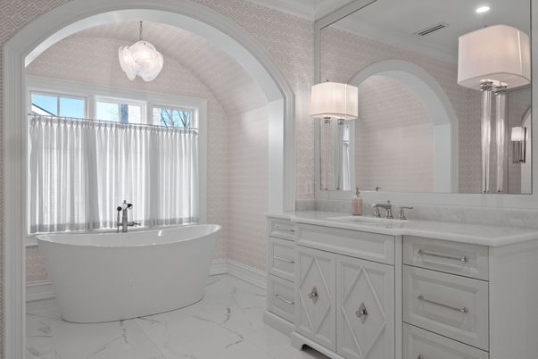 Bathroom, Free Standing Baths, Interior, Marble, Pendant Lights, Recessed Lighting