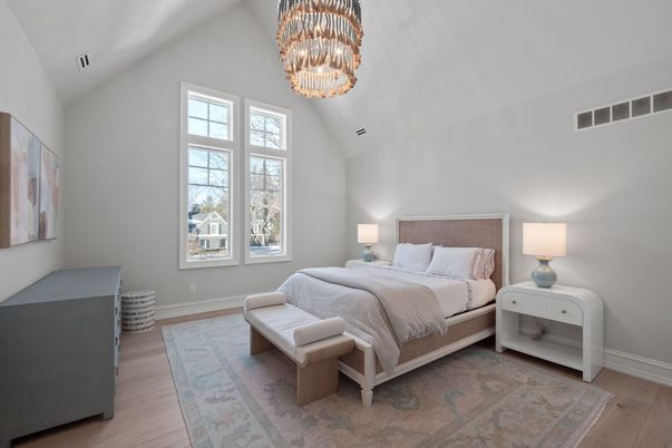 Bedroom, Chandelier, Interior, Wood Texture Flooring