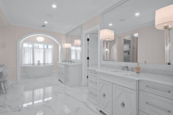 Bathroom, Dual Sink Vanities, Free Standing Baths, Interior, Marble, Recessed Lighting