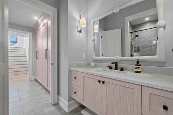 Bathroom, Interior, Recessed Lighting, Wood Texture Flooring