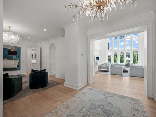 Chandelier, Interior, Living room, Recessed Lighting, Wood Texture Flooring