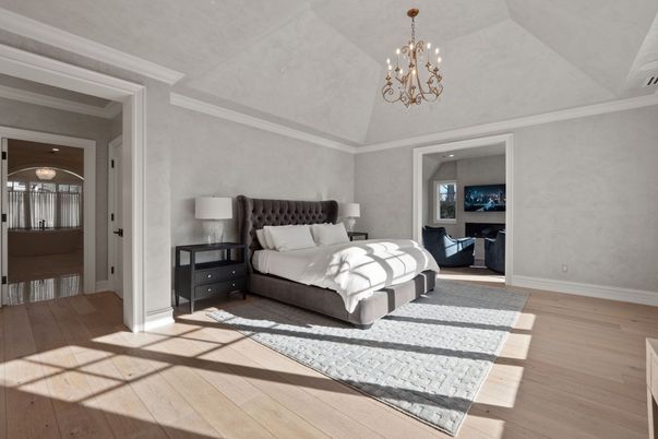 Bedroom, Chandelier, Interior, Wood Texture Flooring