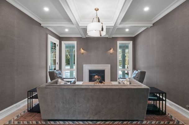 Fireplace, Interior, Living room, Pendant Lights, Recessed Lighting, Wood Texture Flooring