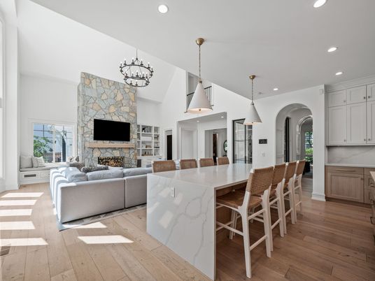 Fireplace, Interior, Kitchen, Living room, Pendant Lights, Recessed Lighting, Stone Walls, Wood Texture Flooring