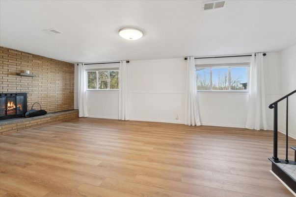 Empty room, Fireplace, Interior, Stone Walls, Wood Texture Flooring