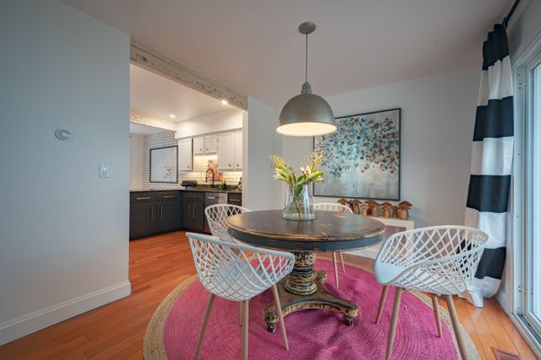 Dining room, Interior, Kitchen, Pendant Lights, Recessed Lighting, Wood Texture Flooring