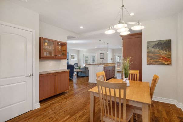 Dining room, Interior, Kitchen, Pendant Lights, Recessed Lighting, Wood Texture Flooring