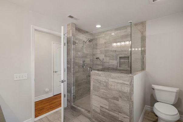 Bathroom, Glass Shower, Interior, Recessed Lighting, Wood Texture Flooring