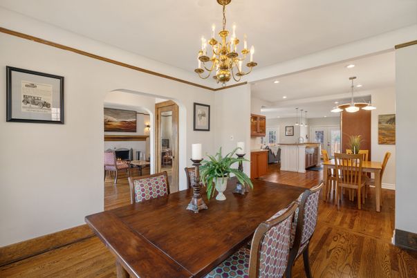 Chandelier, Dining room, Fireplace, Interior, Kitchen, Pendant Lights, Recessed Lighting, Wood Texture Flooring