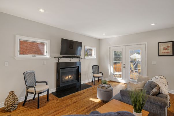 Fireplace, Interior, Living room, Recessed Lighting, Wood Texture Flooring