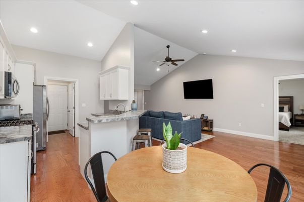 Dining room, Interior, Kitchen, Living room, Recessed Lighting, Wood Texture Flooring