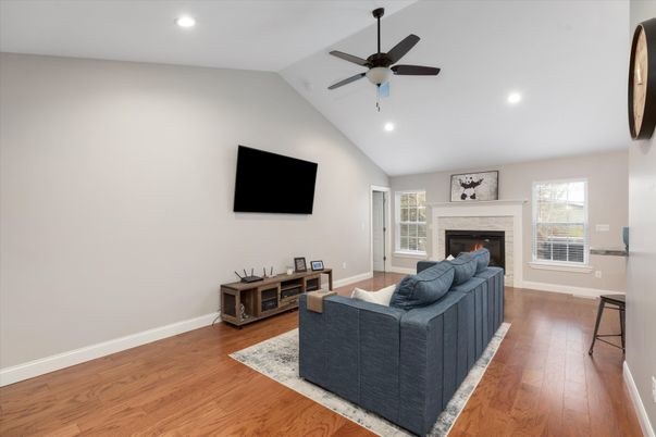 Fireplace, Interior, Living room, Recessed Lighting, Wood Texture Flooring